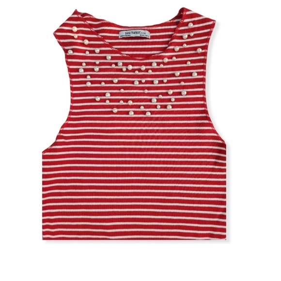 ZARA Trafaluc‎ Cropped Red/White Stripped Top with Pearls - Picture 5 of 11
